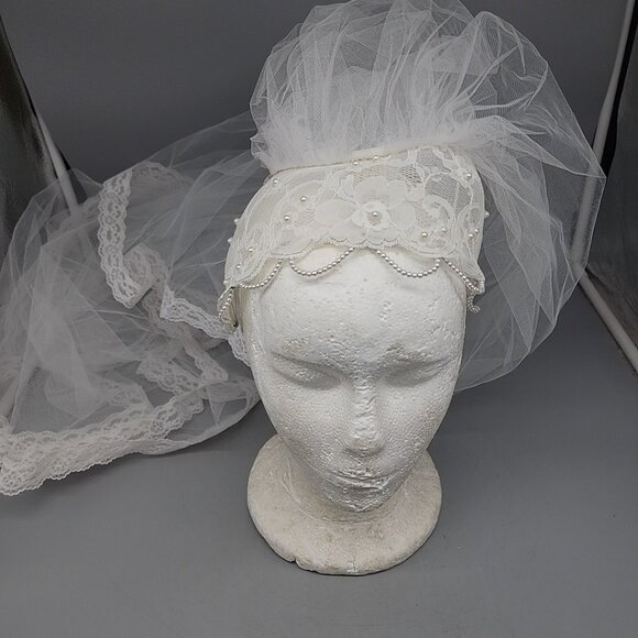 Vintage Juliette Cap Ivory Wedding Veil Pearl Beaded Headpiece with double Veil - Picture 1 of 7